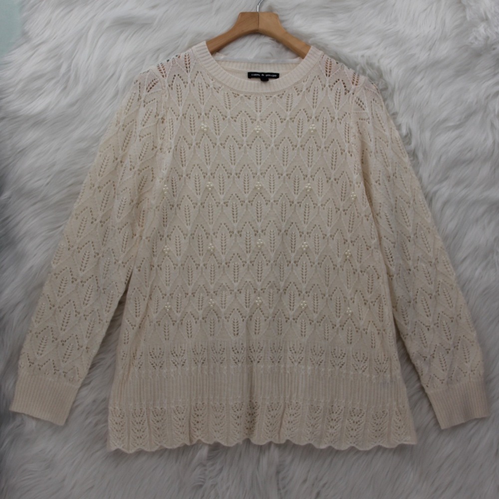 Cable & Gauge Women's Cream Open Knit Pearl Sweater Boho Chic Minimalist Size L
